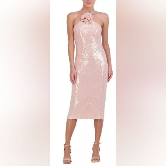 Eliza J Sequined Rosette Halter Midi Dress NWT size 10 Pink - Picture 1 of 6